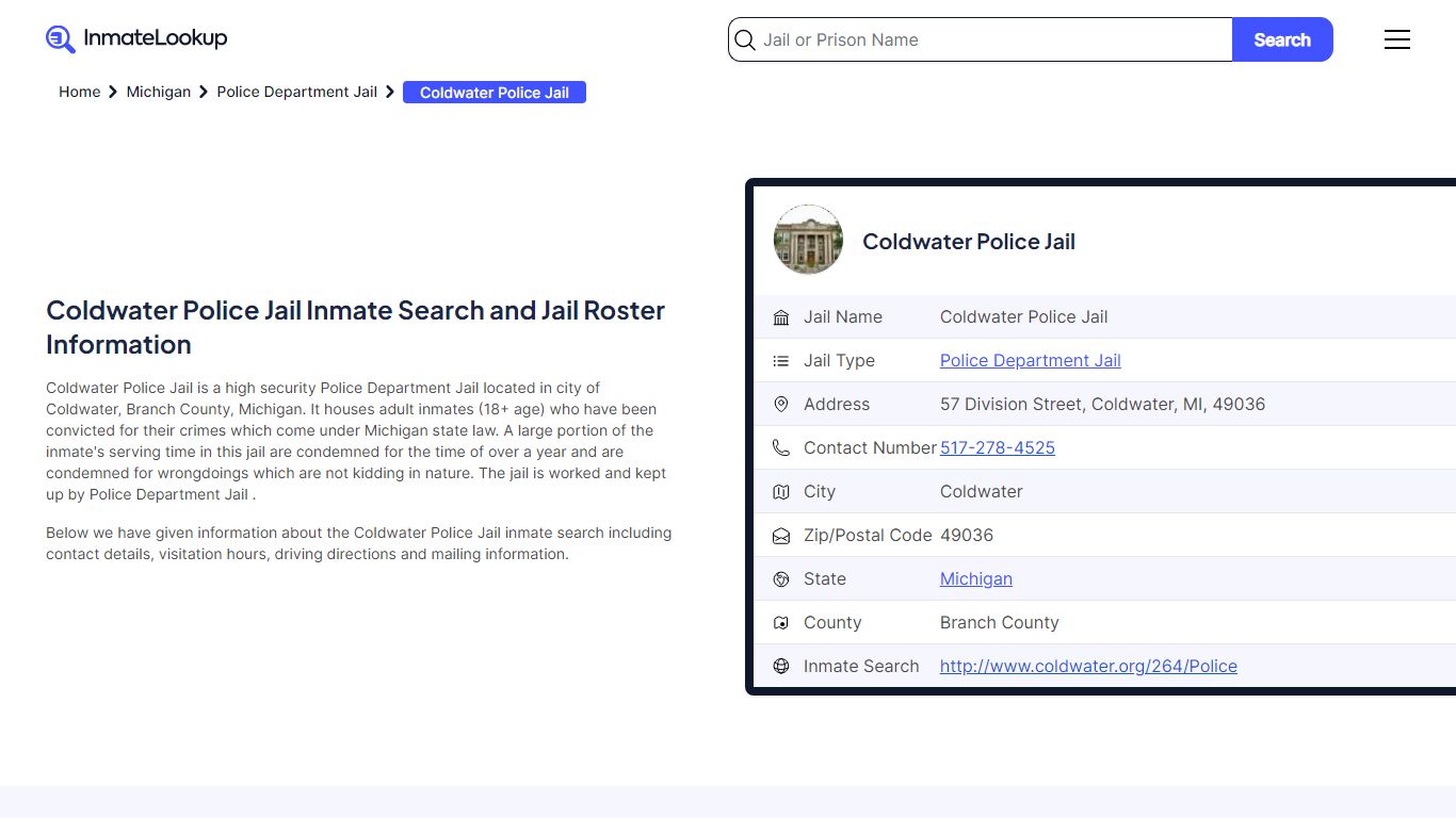 Coldwater Police Jail Inmate Search - Coldwater Michigan - Inmate Lookup